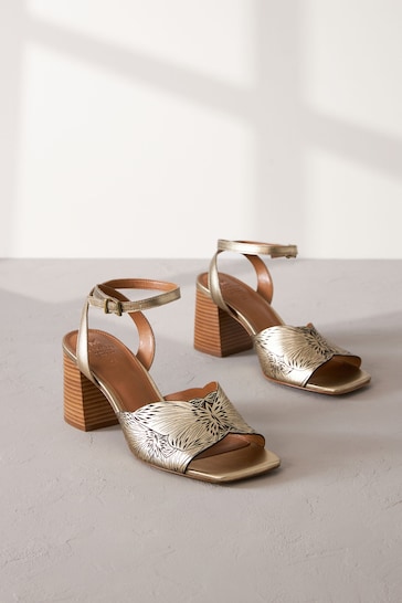 Gold Signature Leather Butterfly Block Heel Sandals