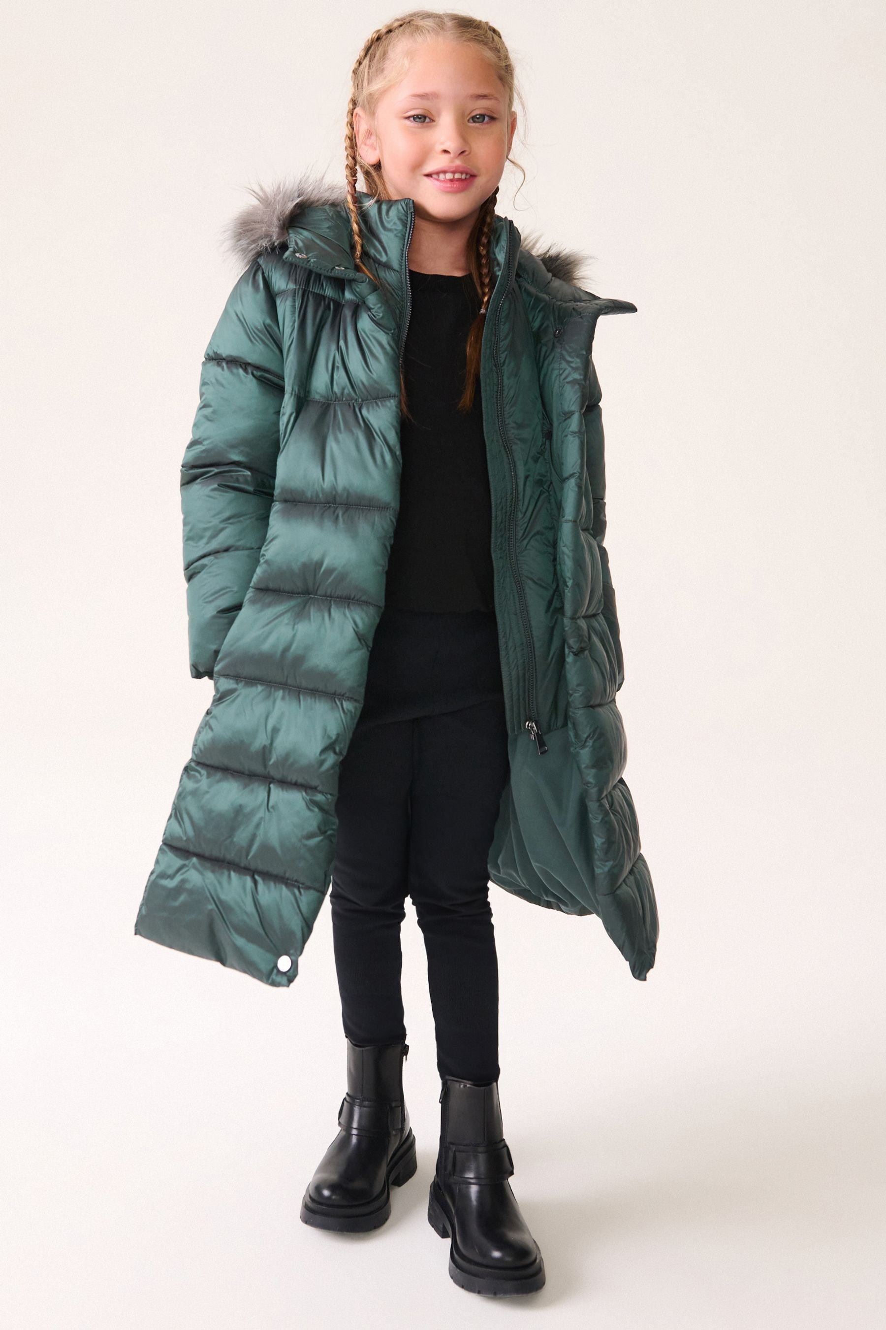 Green Shower Resistant Faux Fur Trim Double Layer Padded Coat 3 16yrs