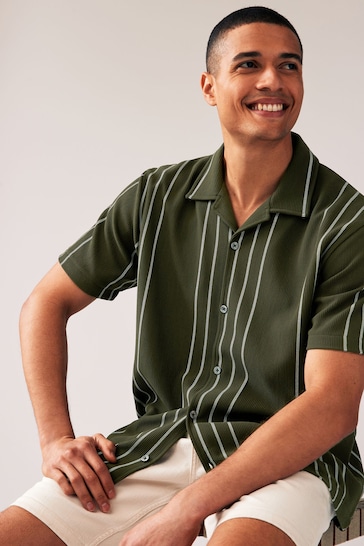 Olive Green Textured Jersey Short Sleeve Shirt