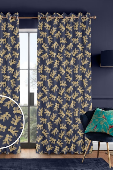 Sara Miller Deep Navy Blue Etched Leaves Made to Measure Curtains