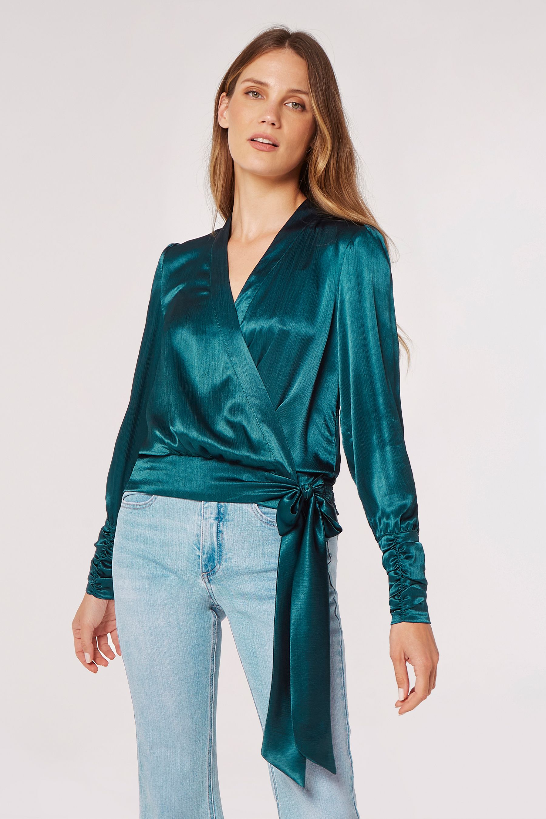 Buy Apricot Blue Textured Satin Wrap Top from the Next UK online shop