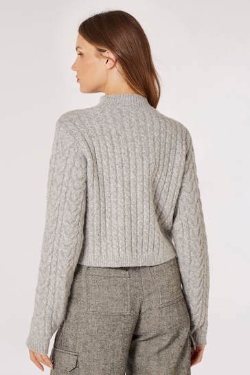 Apricot Grey Cable Knit Wrap Over Mock Neck Jumper
