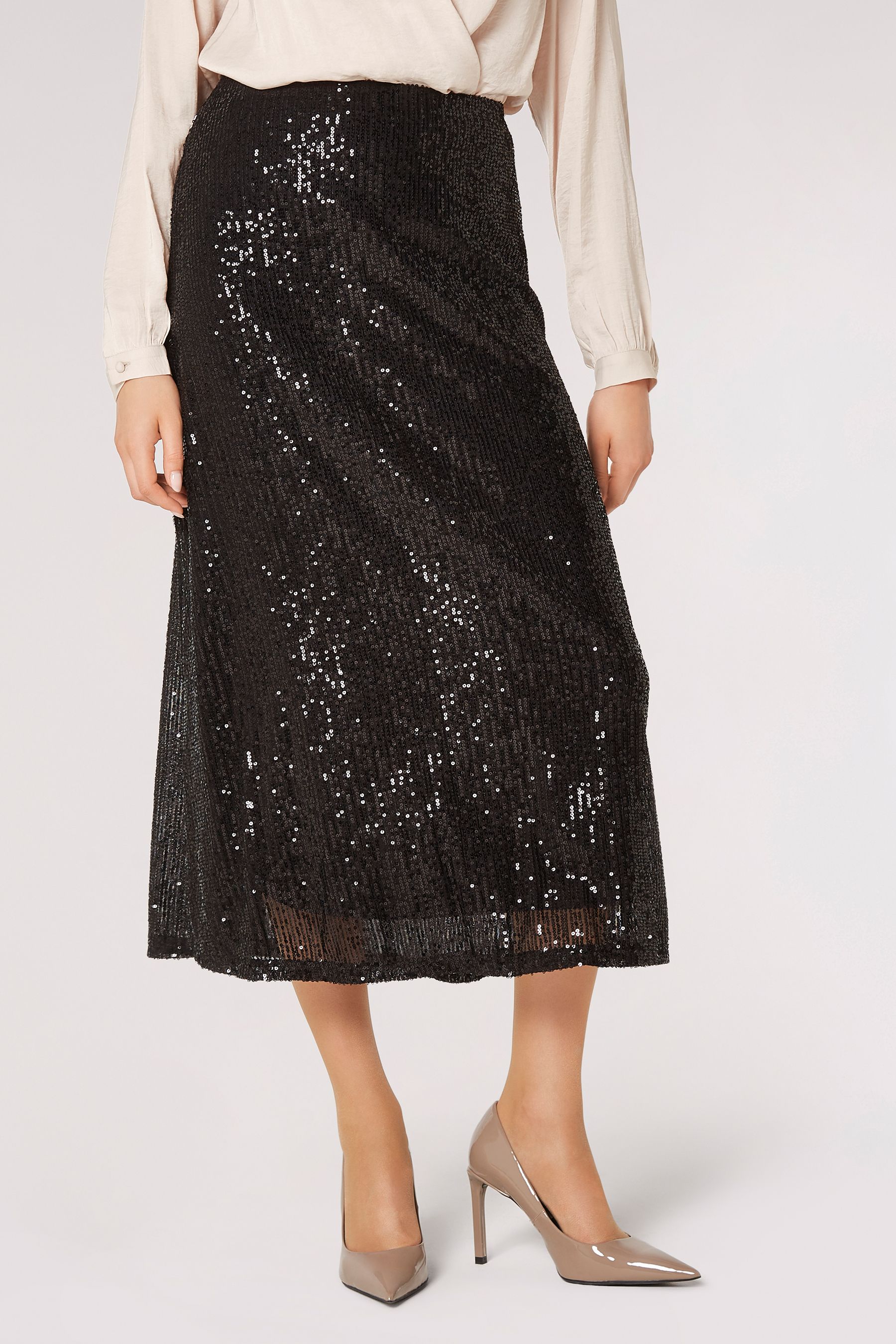 Apricot Black Sequin Sparkle Midi Skirt