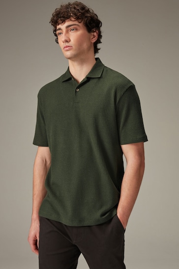Olive Green Textured Waffle Polo Shirt