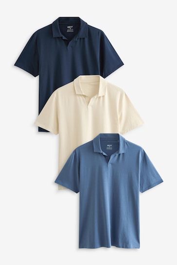 Blue/Navy/Ecru Cuban Collar Jersey Polo Shirts 3 Pack