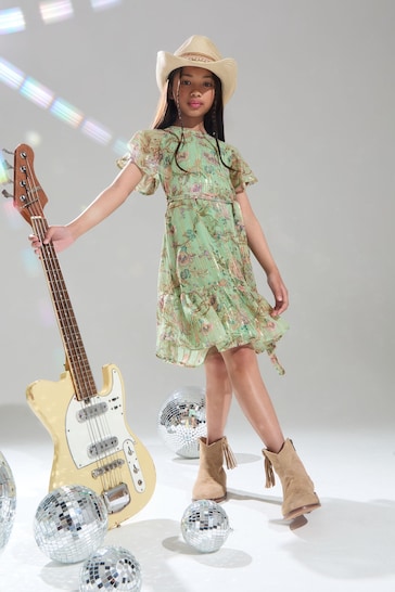 Lipsy Green Floral Sparkle Shift Occasion Dress (2-16yrs)