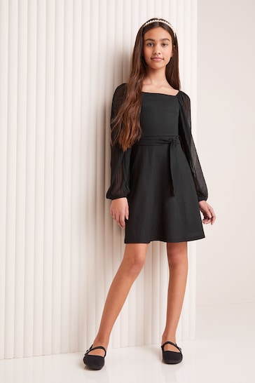 Lipsy Black Crinkle Mesh Sleeve Dress (5-16yrs)