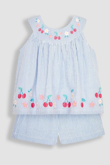 JoJo Maman Bébé Blue 2-Piece Cherry Embroidered Seersucker Blouse & Shorts Set