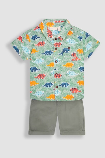 JoJo Maman Bébé Green Triceratops Printed Shirt & Shorts Set