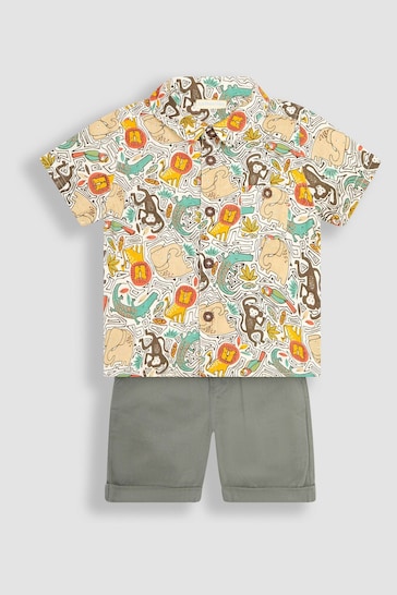 JoJo Maman Bébé Khaki Green Jungle Animals Printed Shirt & Shorts Set