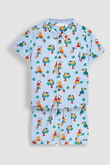 JoJo Maman Bébé Blue Tropical Bird Printed Shirt & Shorts Set