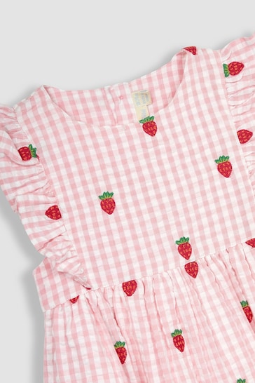 JoJo Maman Bébé Pink Strawberry Embroidered Gingham Pretty Summer Dress