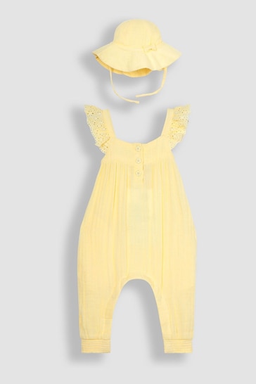 JoJo Maman Bébé Yellow 2-Piece Cheesecloth Jumpsuit & Hat Set