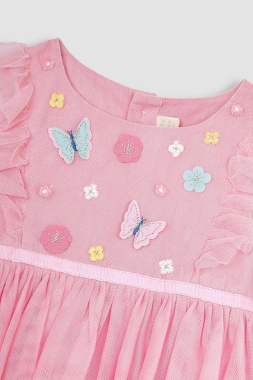 JoJo Maman Bébé Pink Butterfly Floral Tulle Pretty Party Dress