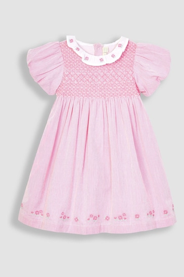 JoJo Maman Bébé Pink Floral Embroidered Collar Smocked Party Dress