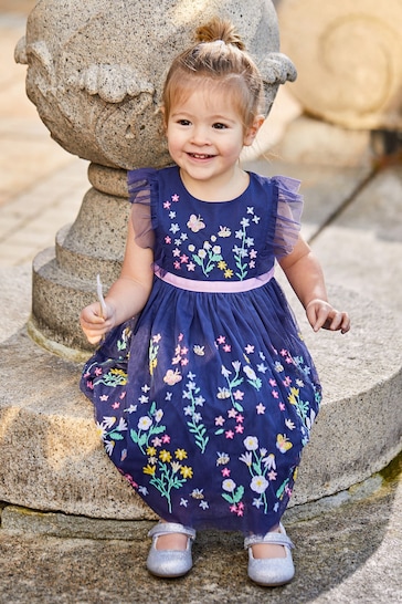 JoJo Maman Bébé Navy Blue Wildflower Embroidered Tulle Pretty Party Dress