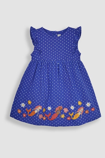 JoJo Maman Bébé Blue Mermaid Appliqué Frill Shoulder Pretty Summer Jersey Dress
