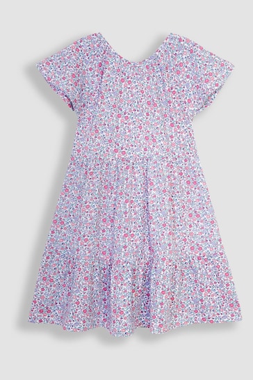 JoJo Maman Bébé Pink Pastel Ditsy Floral Ruffle Sleeve Tiered Jersey Dress