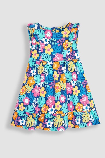JoJo Maman Bébé Navy Blue Floral Frill Shoulder Pretty Summer Jersey Dress
