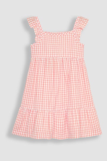 JoJo Maman Bébé Pink Gingham Frill Shoulder Tiered Dress