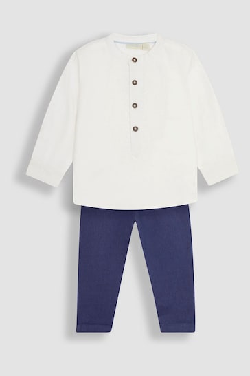 JoJo Maman Bébé White 2-Piece Embroidered Grandad Shirt & Trousers Set
