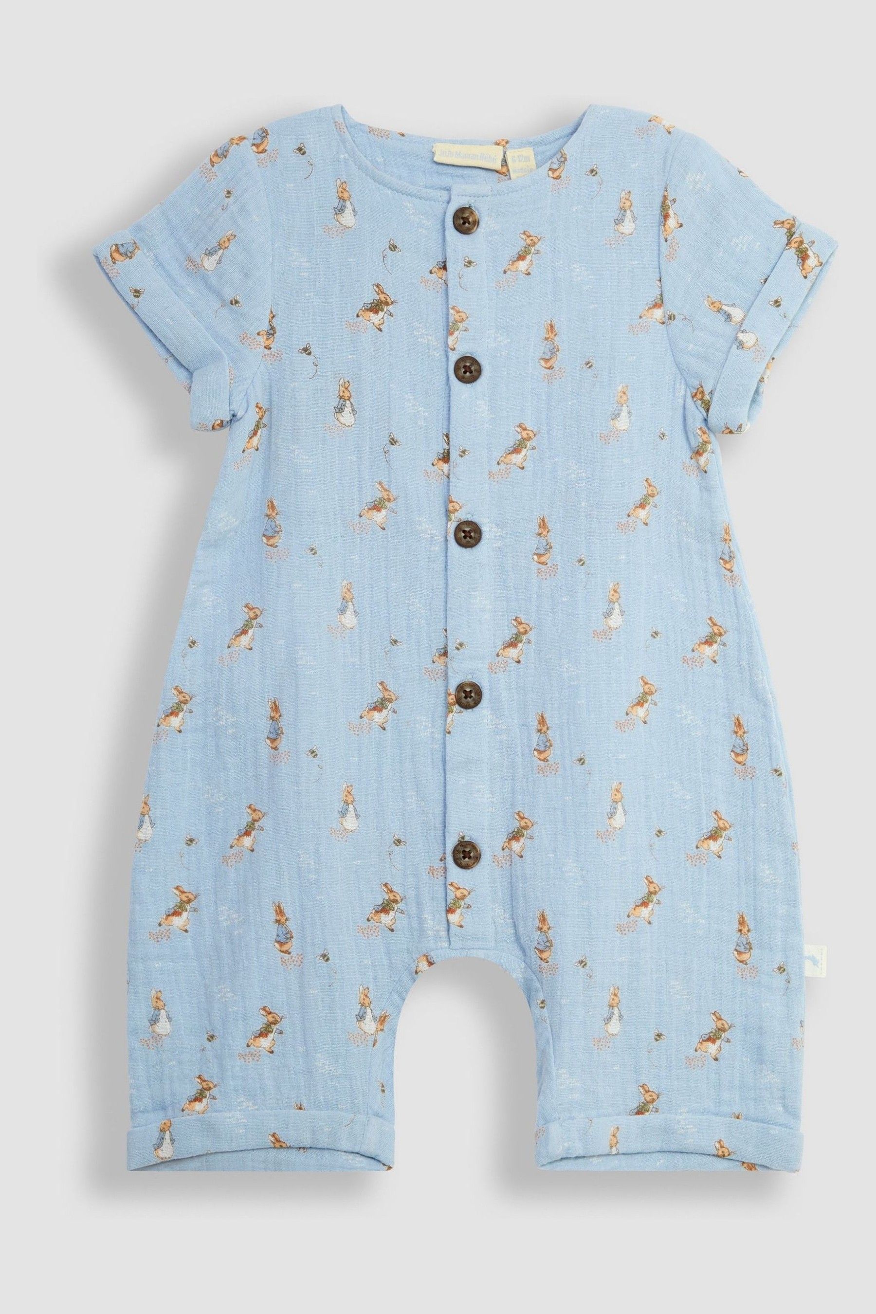 JoJo Maman Bebe Blue Peter Rabbit Cheesecloth Button Front Romper