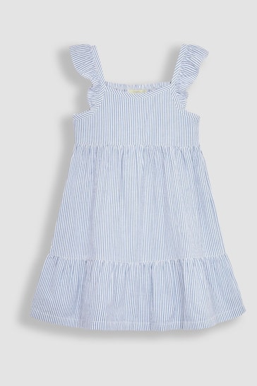 JoJo Maman Bébé Blue Seersucker Stripe Frill Shoulder Tiered Dress