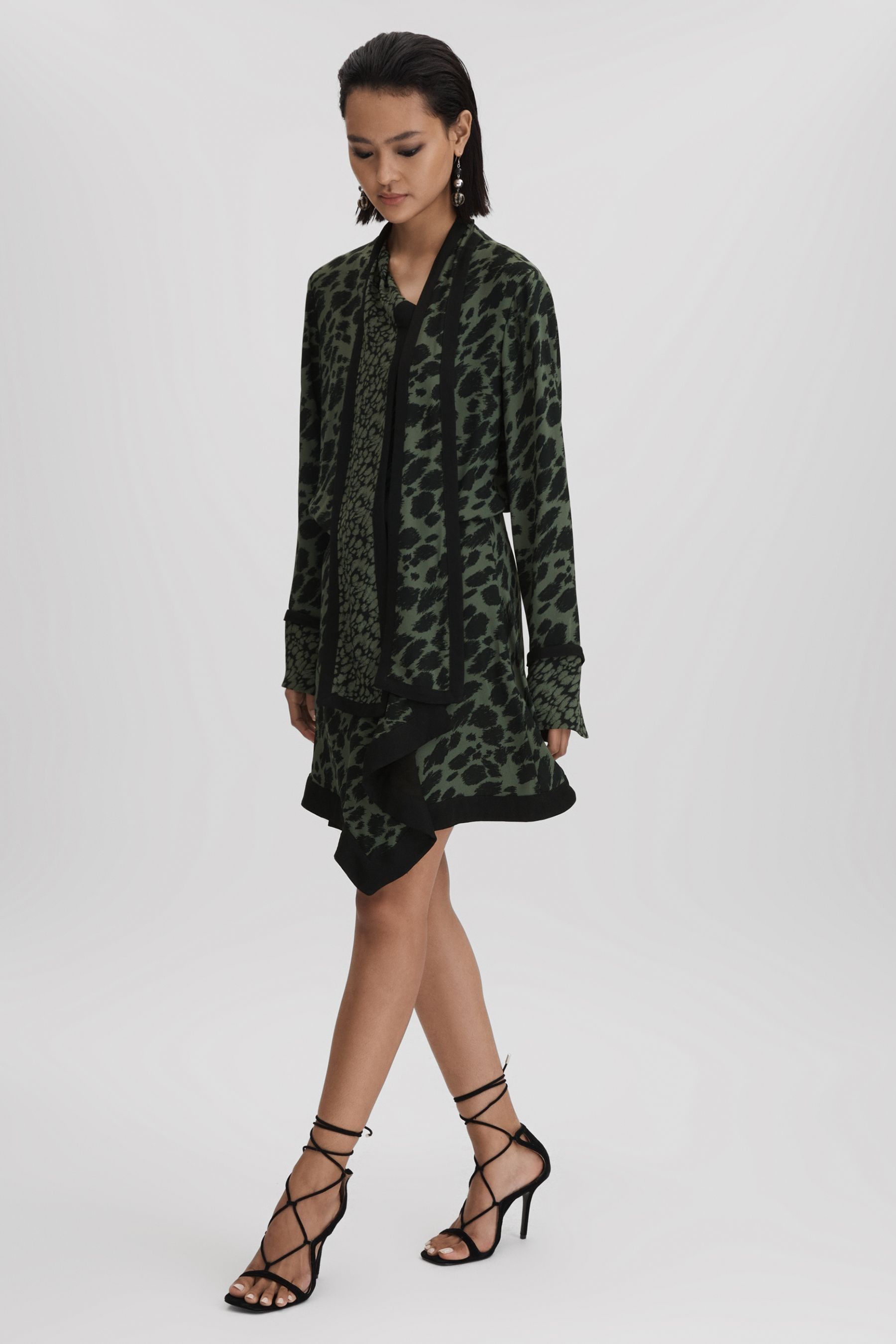 Reiss Black Dark Khaki Katie Printed Tie Neck Mini Dress