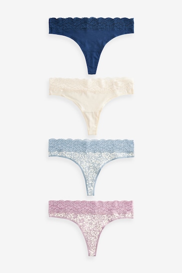Cream/Blue Printed Thong Cotton and Lace Knickers 4 Pack