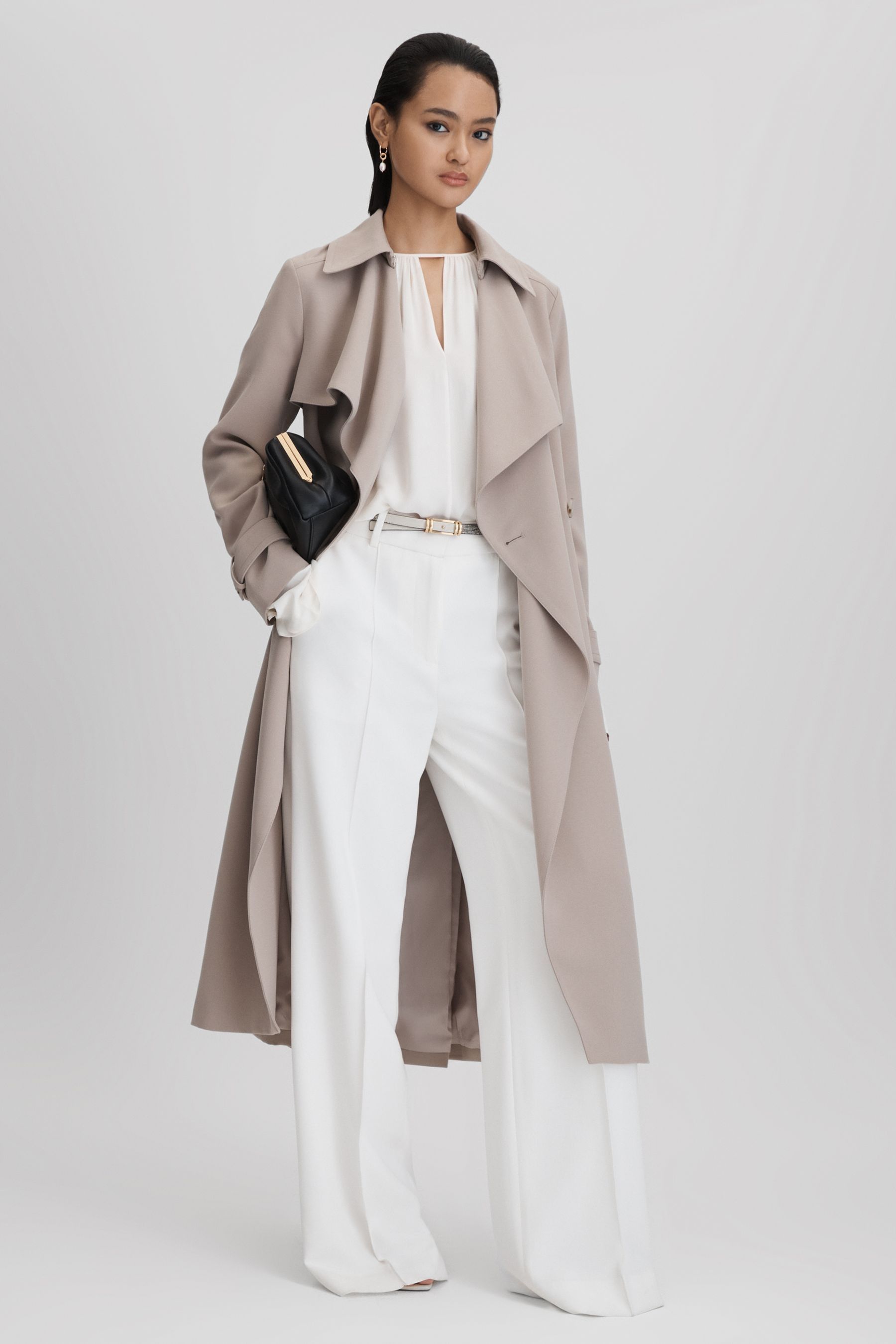 Reiss Mink Neutral Etta Double Breasted Belted Trench Coat