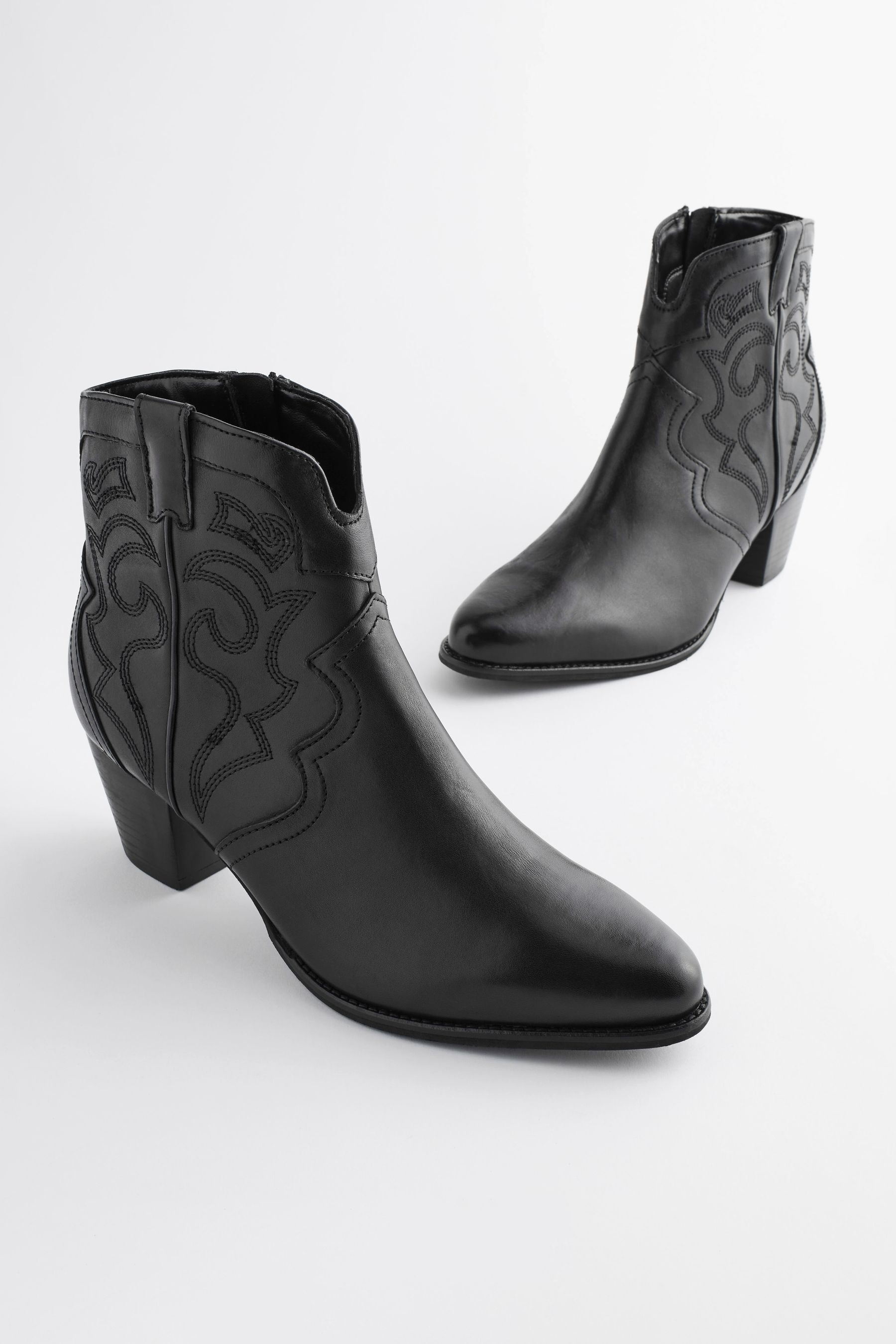 Black Extra Wide Fit Forever Comfort Stitched Detail Ankle Western Cowboy Boots