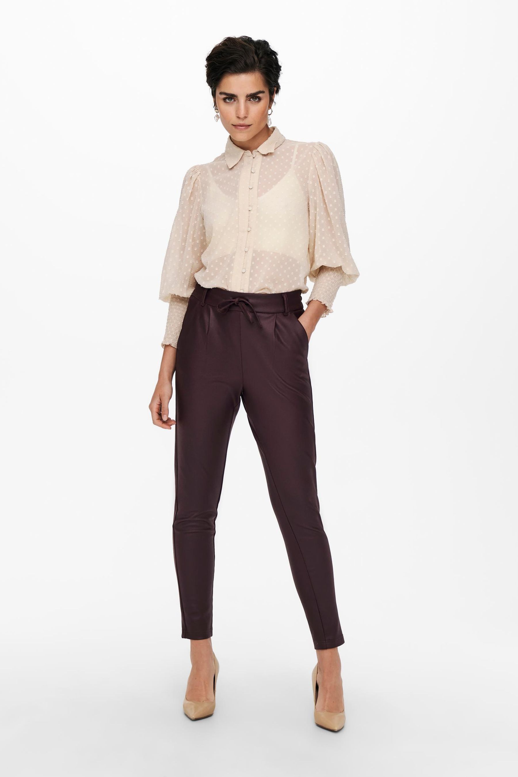 Buy ONLY Burgundy High Waisted Tie Waist Coated Faux Leather Trousers from the Next UK online shop