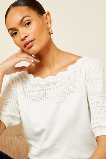 Love & Roses Ivory White Pointelle Knit Scallop Neck Jumper