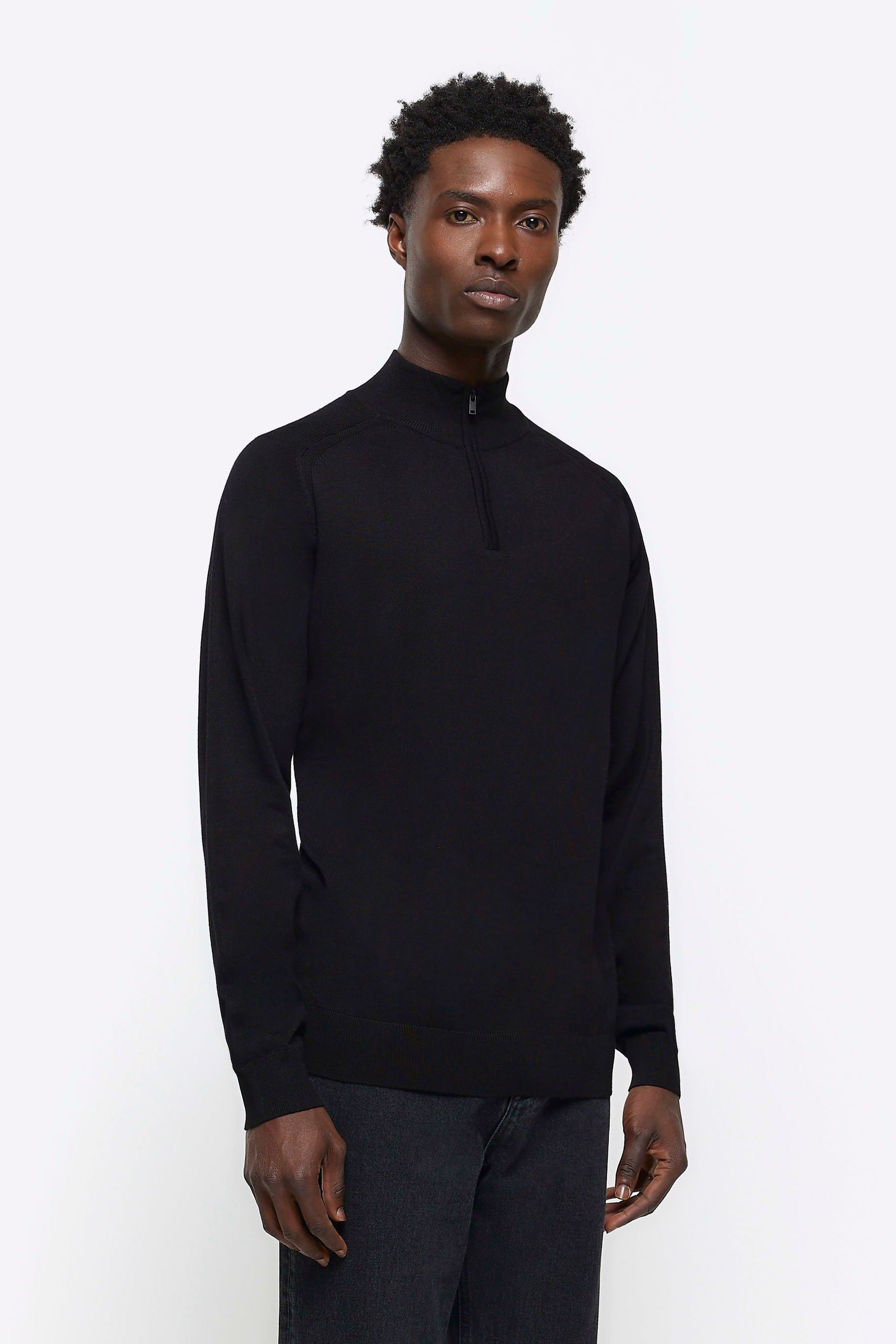 Buy River Island Black Long Sleeve Slim Fit Half Zip Jumper from