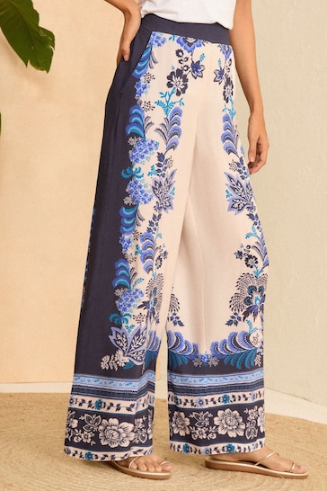 V&A | Love & Roses Blue Placement Print Wide Leg Trousers