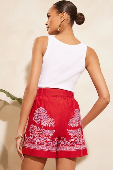 V&A | Love & Roses Red Paisley Printed Belted Shorts