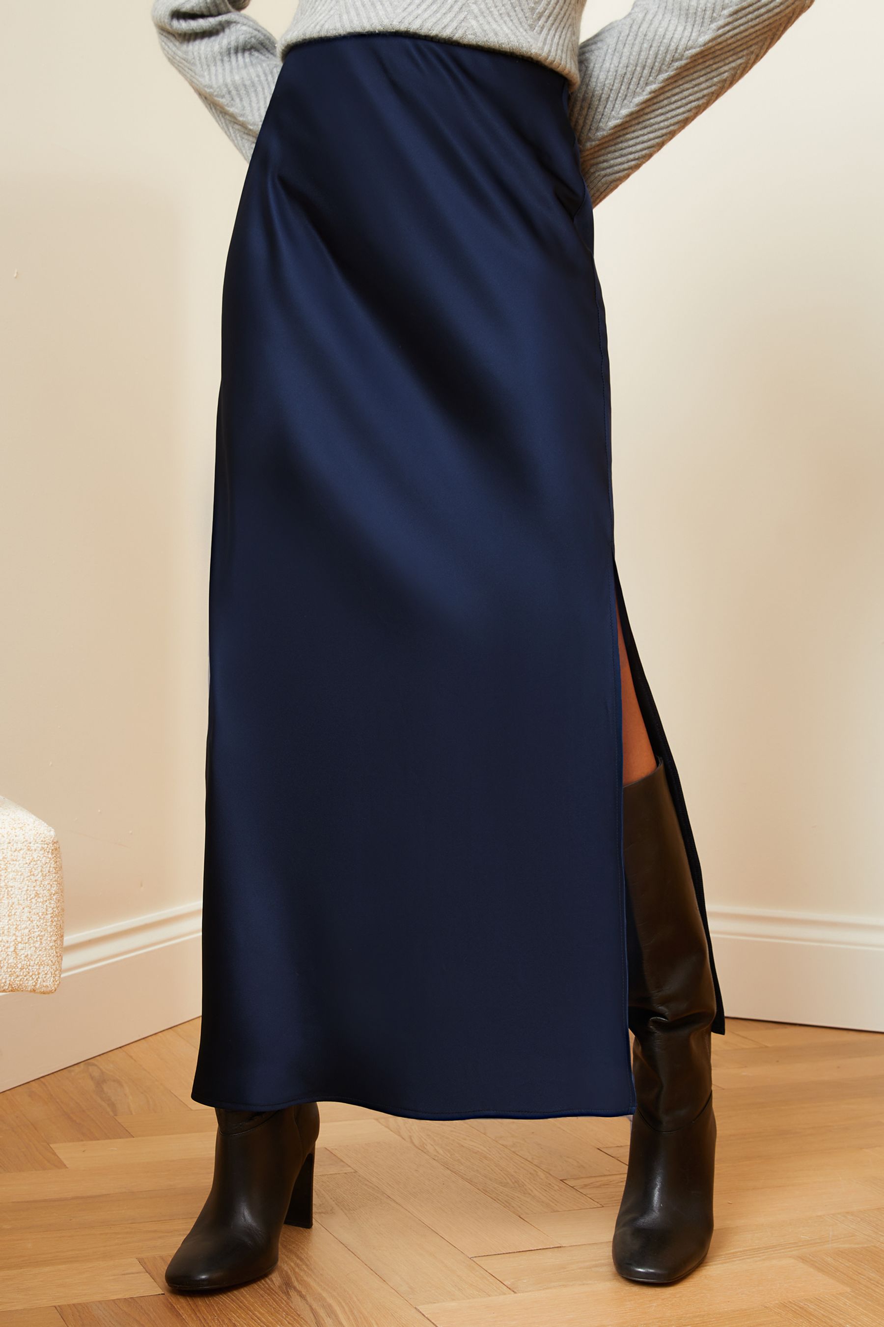 Navy satin bias deals cut skirt