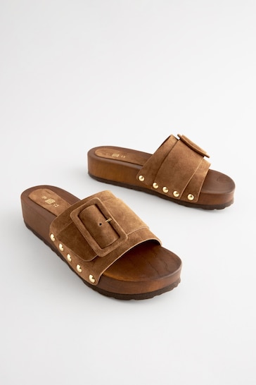 Tan Brown Buckle Clog Mule Sandals