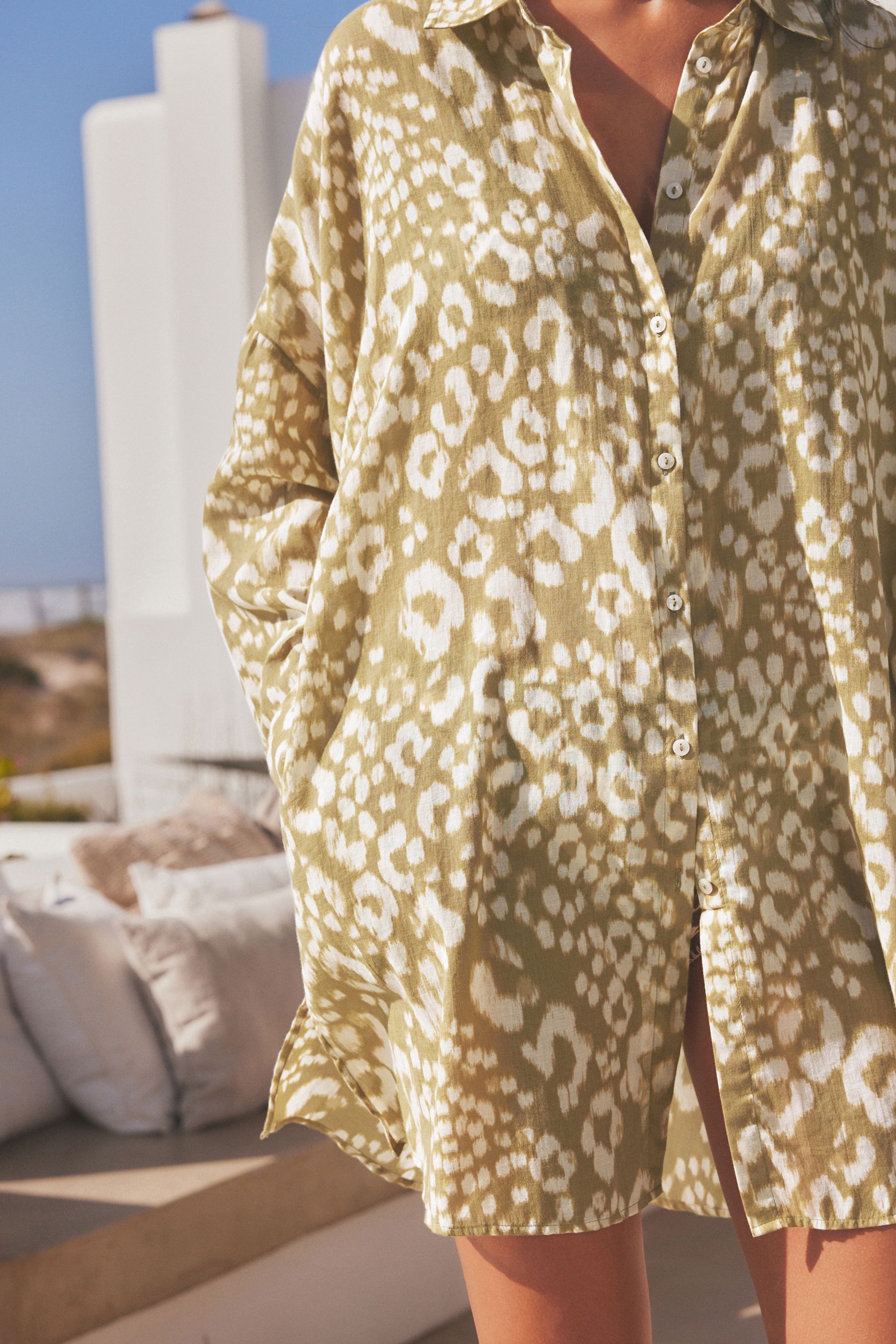 Khaki Green Animal Beach Shirt Cover Up