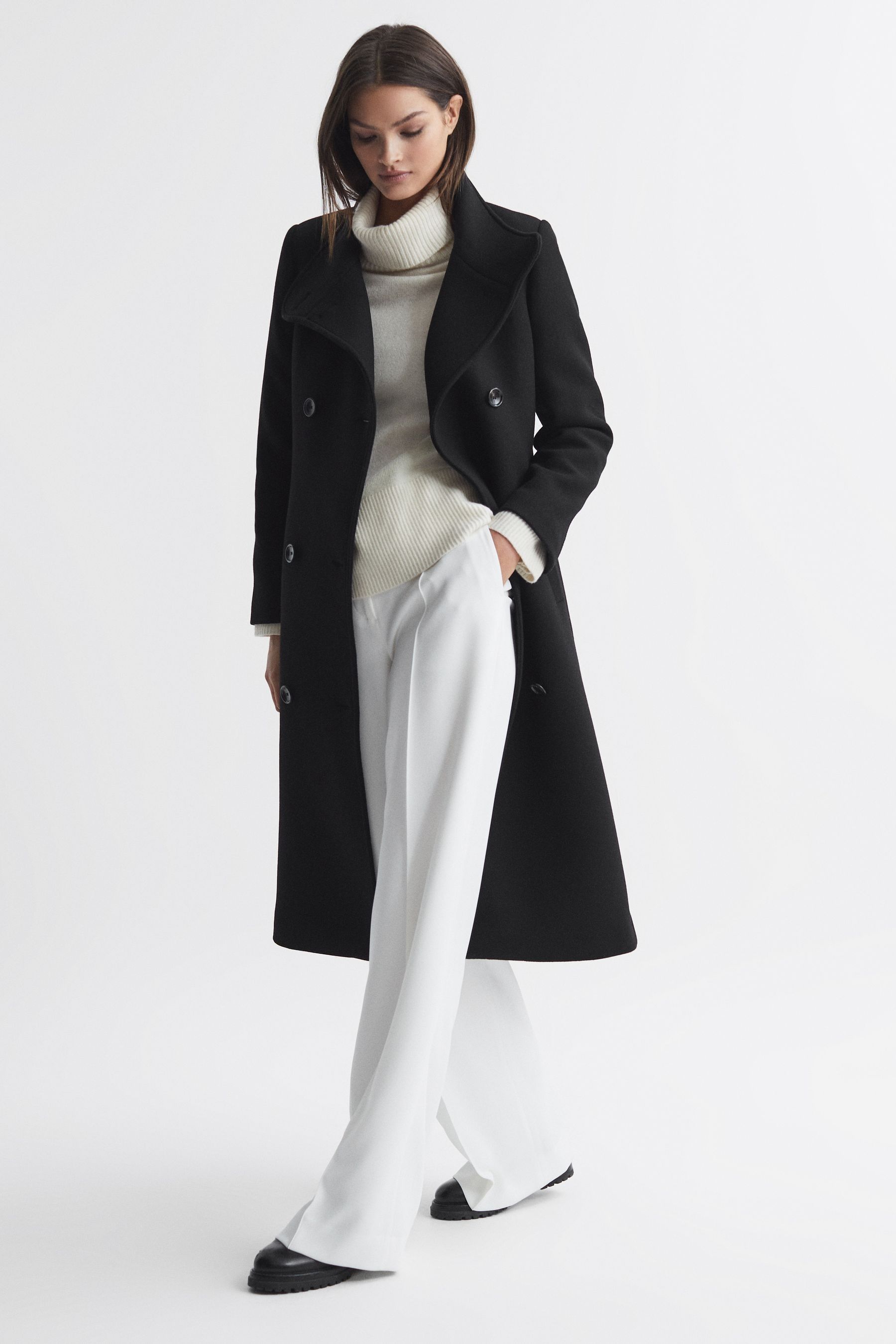 Buy Reiss Black Blair Wool Blend Double Breasted Long Coat from