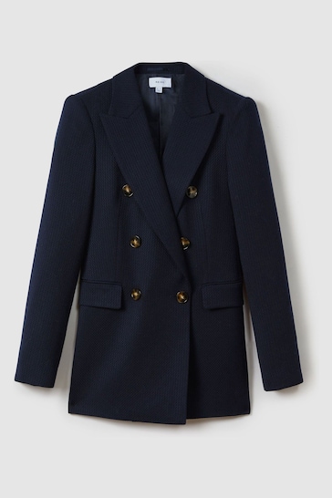 Reiss Navy Lana Tailored Textured Wool Blend Double Breasted Blazer