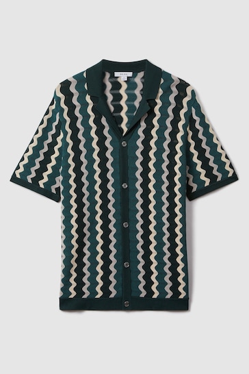 Reiss Green Multi Waves Knitted Cuban Collar Shirt
