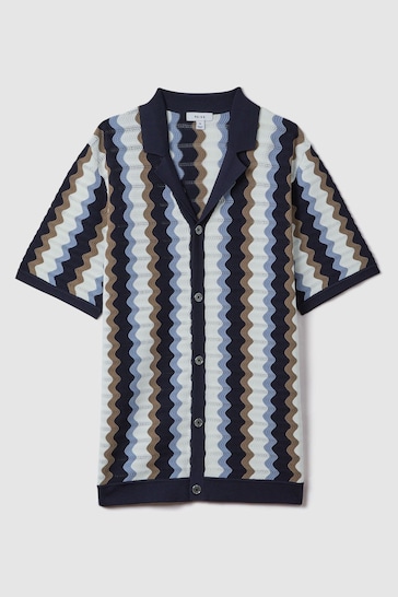 Reiss Blue Multi Waves Knitted Cuban Collar Shirt