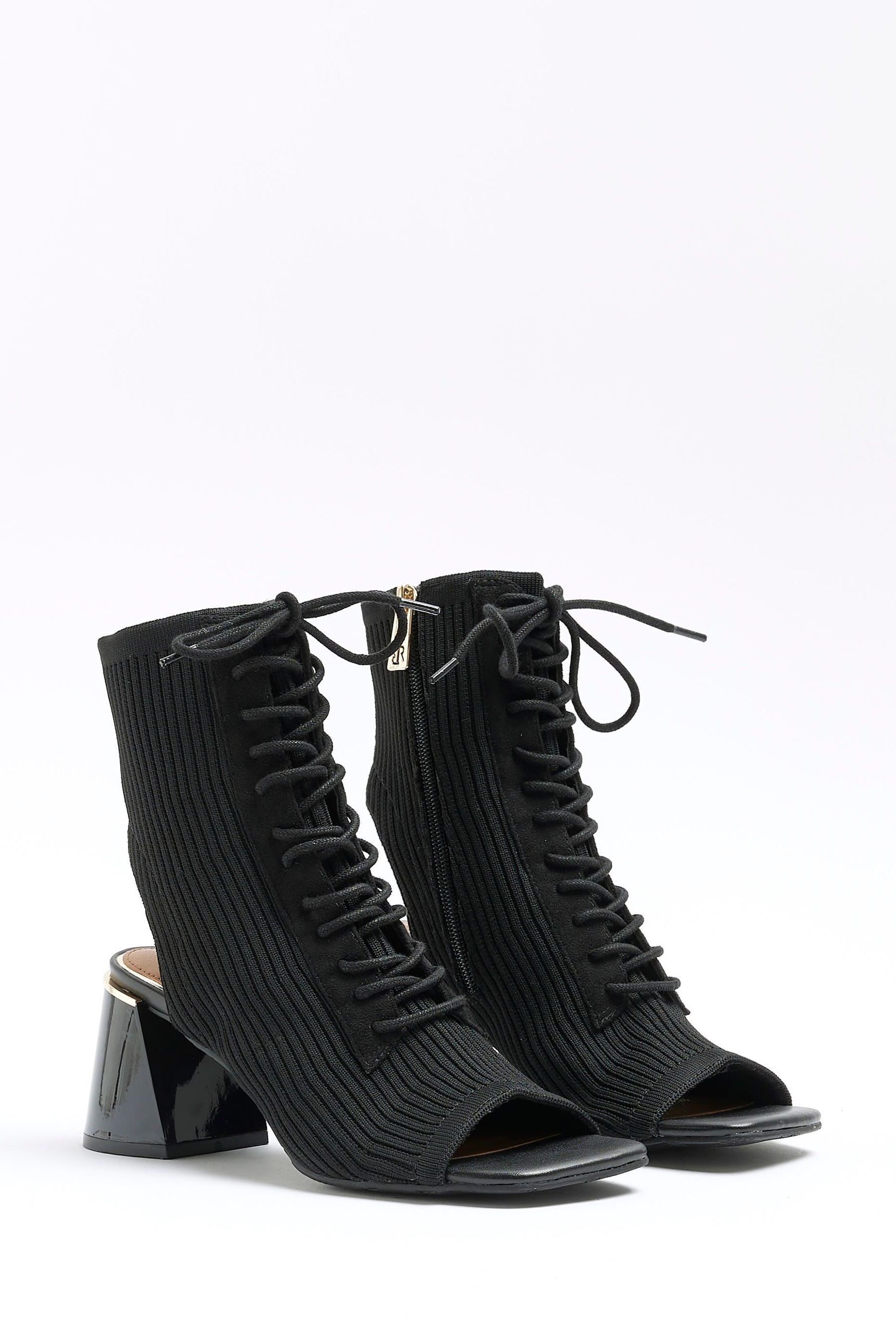 Buy River Island Black Knitted Open Toe Heeled Shoe Boots from the