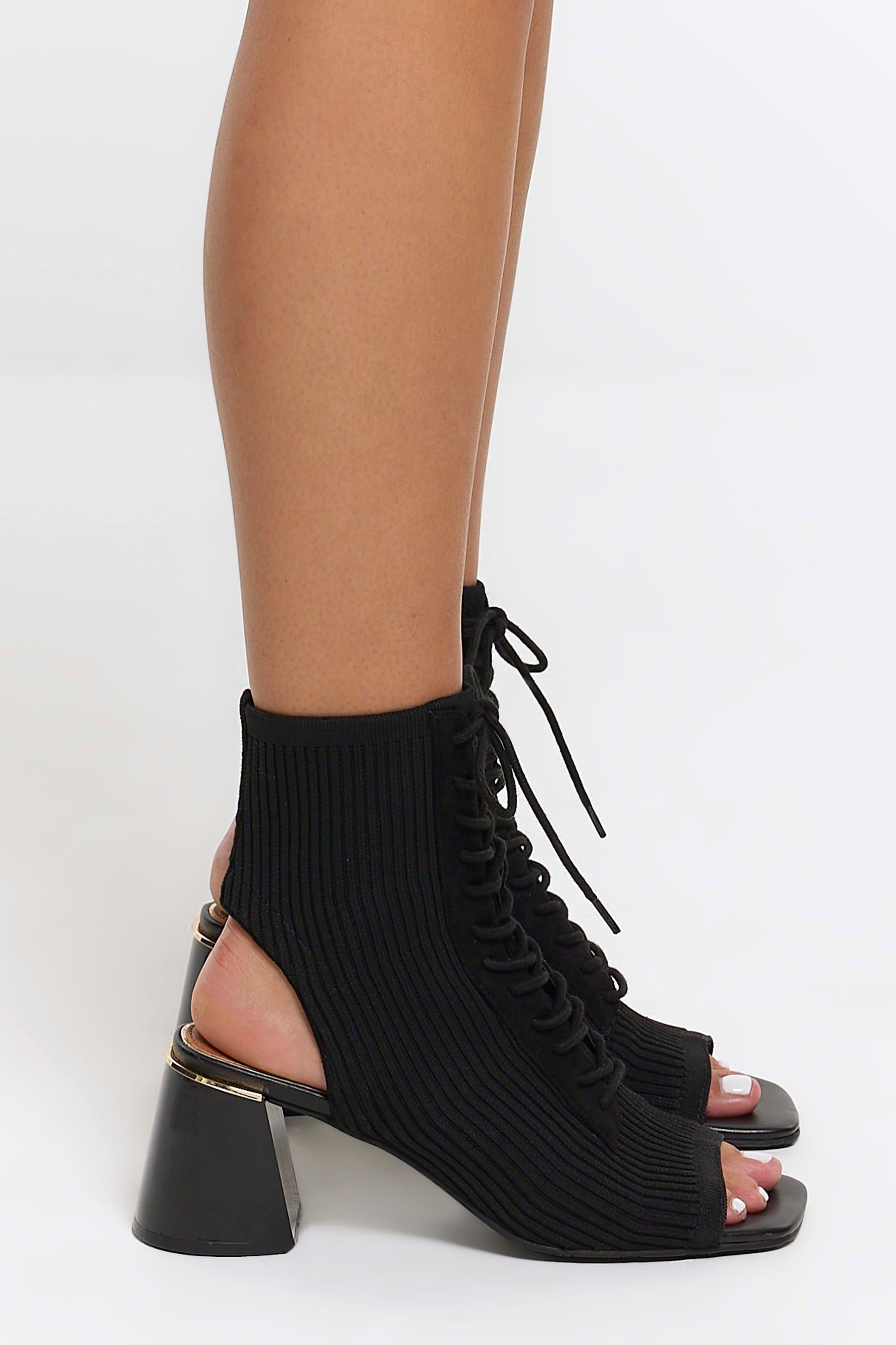 River Island Black Knitted Open Toe Heeled Shoe Boots
