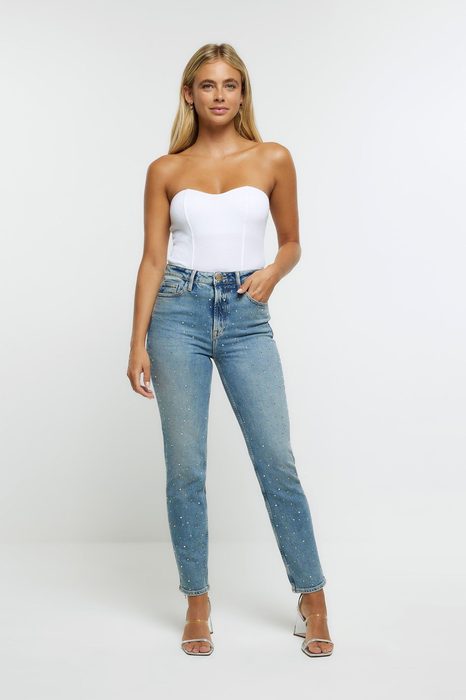 River Island Blue Embellished High Rise Slim Stretch Jeans