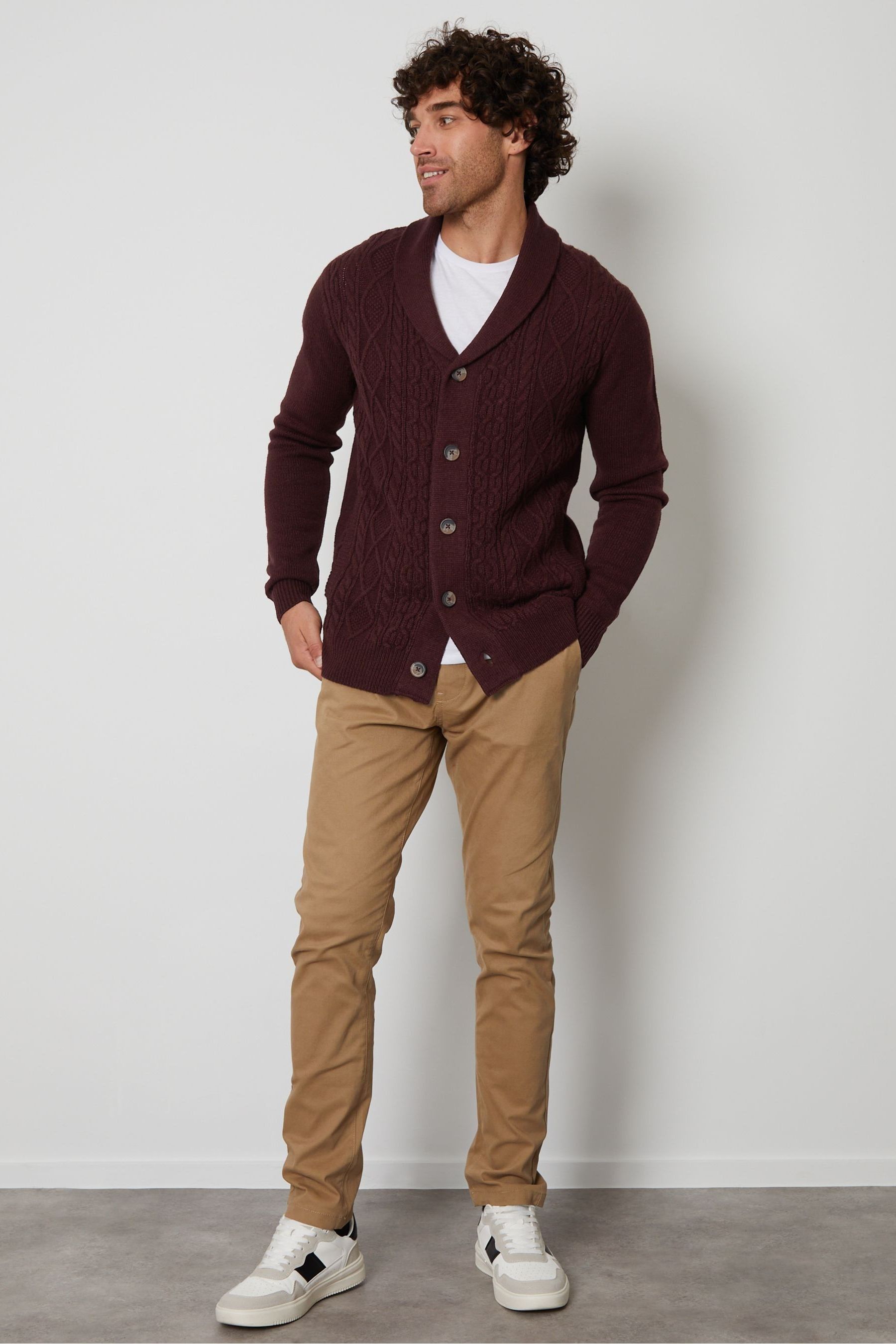 Buy Threadbare Red Cable Knit Shawl Collar Cardigan from the Next