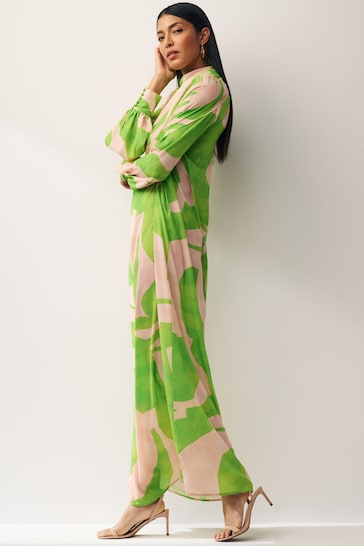 Green/Pink Swirl Print Long Sleeve Scarf Neck Midi Dress