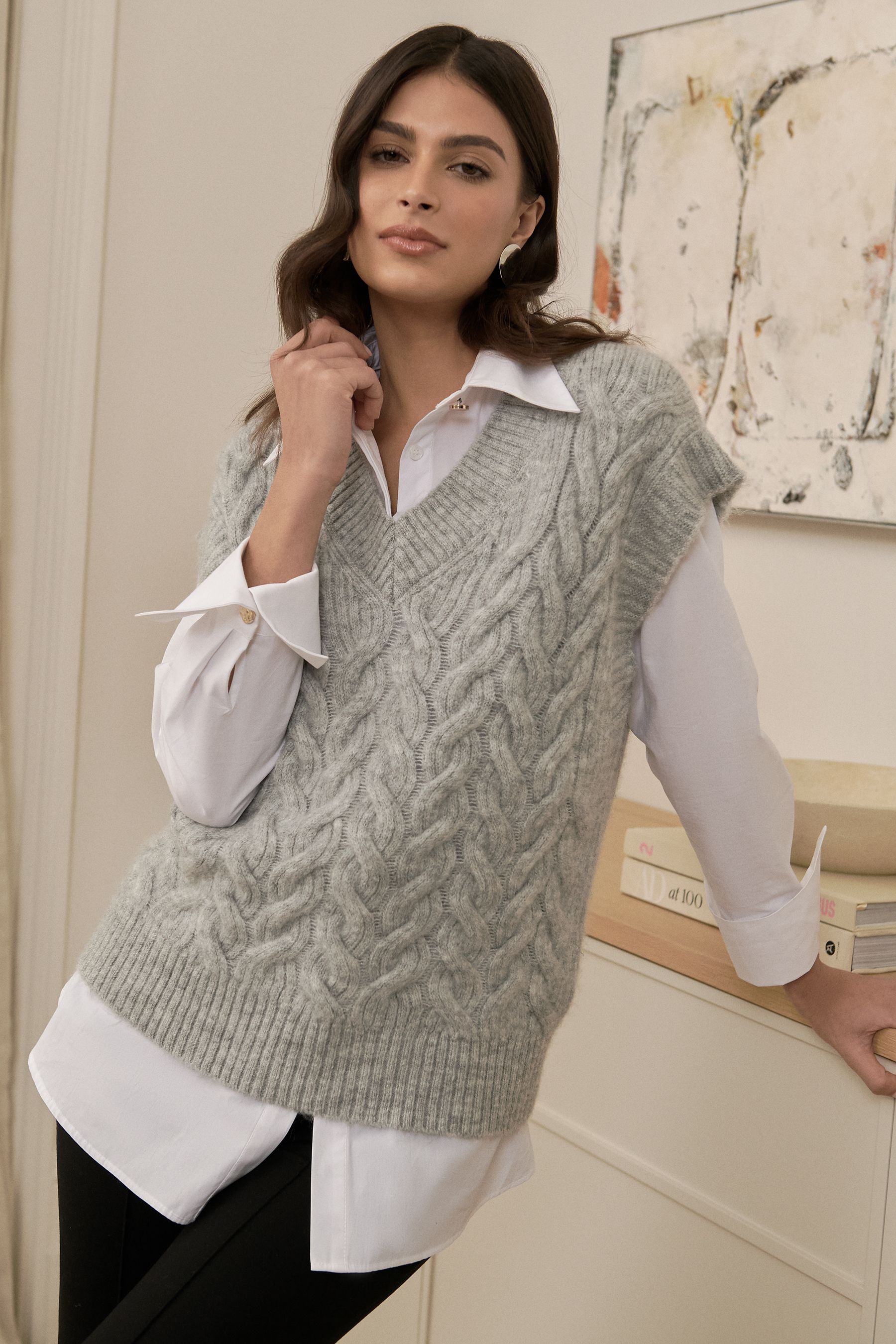 Lipsy Grey Longline Cable Knitted Sleevless Jumper