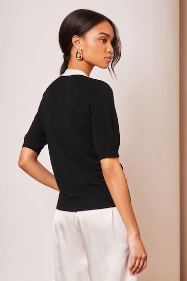 Lipsy Black/White Tipped Short Sleeve Button Through Top
